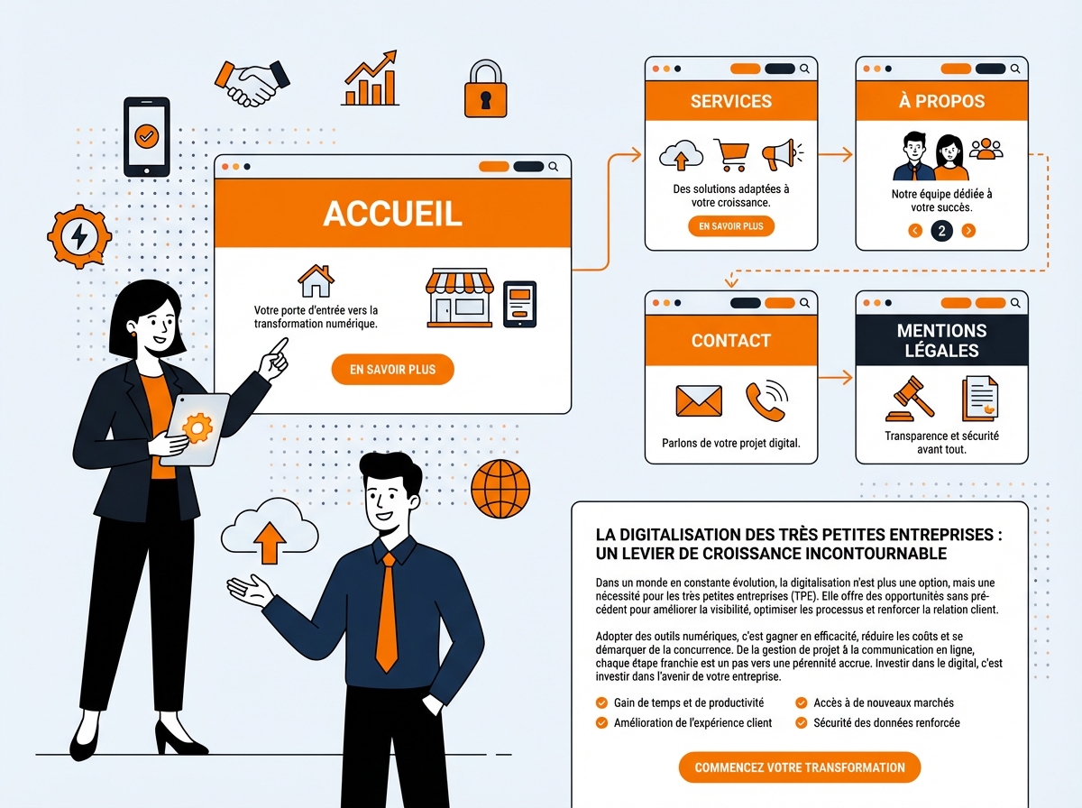 Les pages indispensables d'un site web TPE - accueil, services, à propos, contact et mentions légales