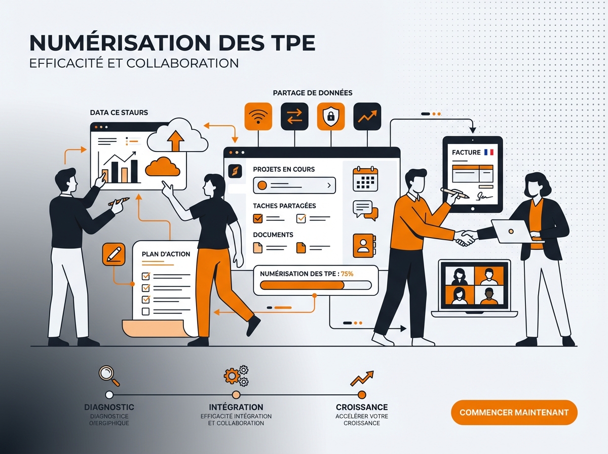 Illustration collaboration équipe TPE - travail collaboratif en temps réel sur document partagé avec ordinateur, tablette et smartphone connectés
