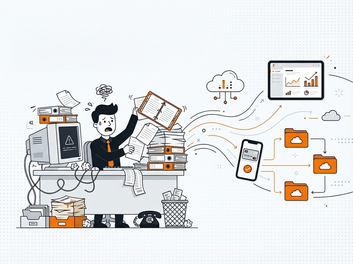 Illustration défi transformation numérique TPE - comparaison bureau désorganisé avec papiers éparpillés et espace de travail digital moderne connecté