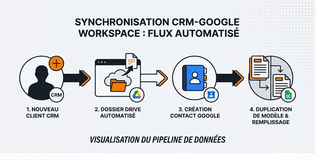 Flux de synchronisation contacts CRM vers Google Workspace - création automatique dossier Drive et contacts