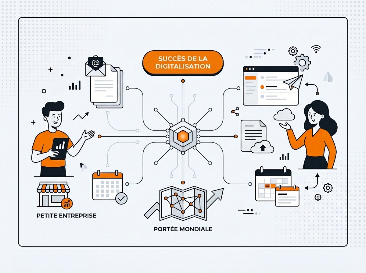 Schéma infographique Google Workspace - hub central connectant email, stockage cloud, calendrier, sécurité et visioconférence