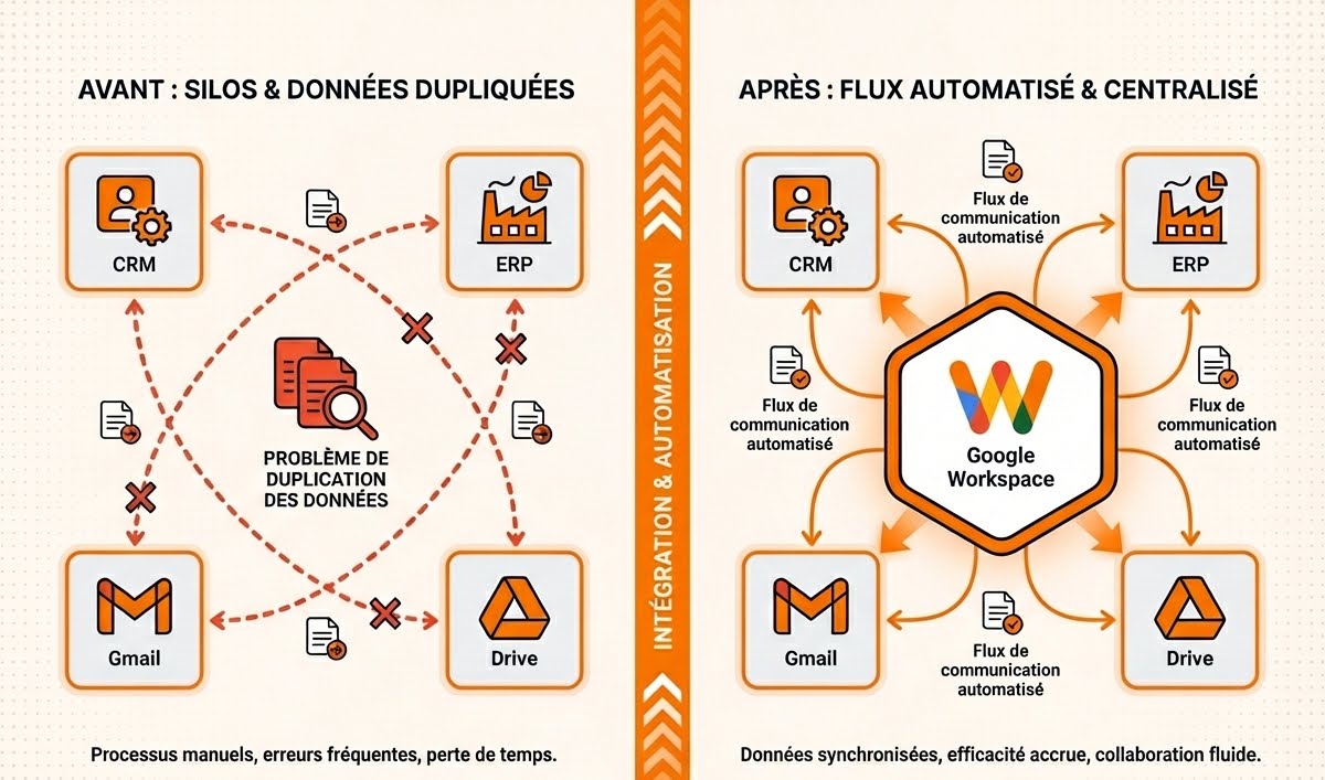 Pourquoi intégrer Google Workspace avec vos outils métiers - données cloisonnées vs système unifié