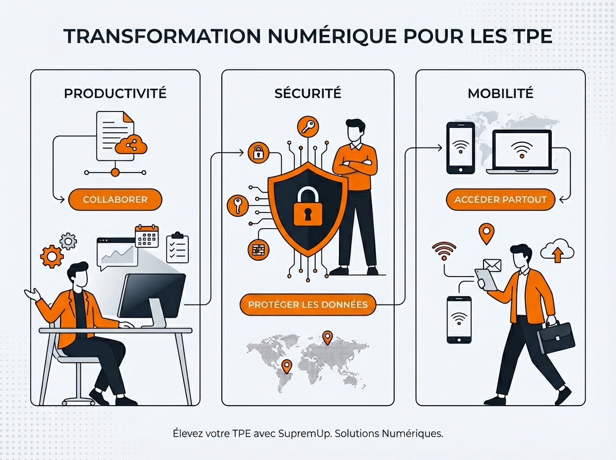 Les trois piliers de Google Workspace - productivité avec icône engrenage, sécurité avec icône bouclier, et mobilité avec icône appareils connectés