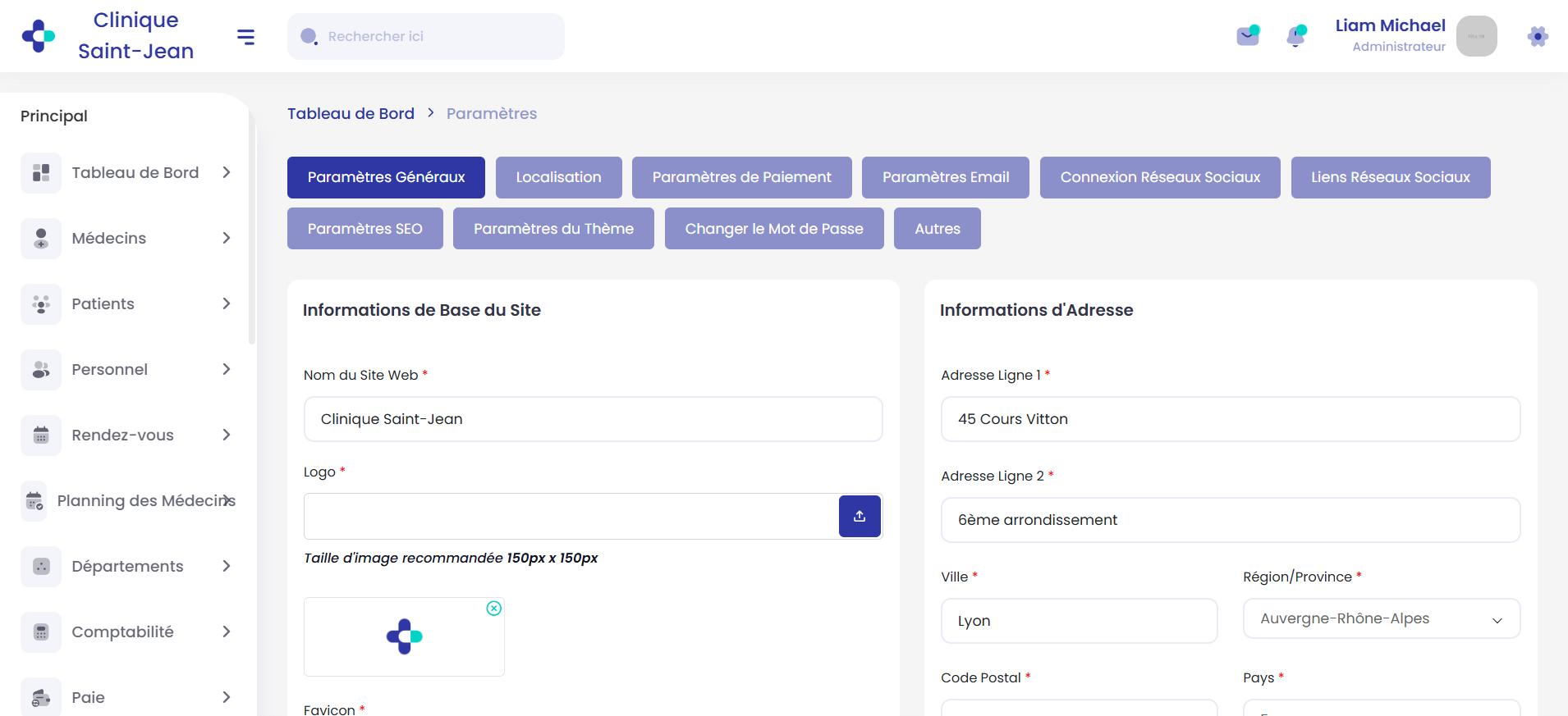 Paramètres Administration — Configuration site, adresse, paiement, email, SEO
