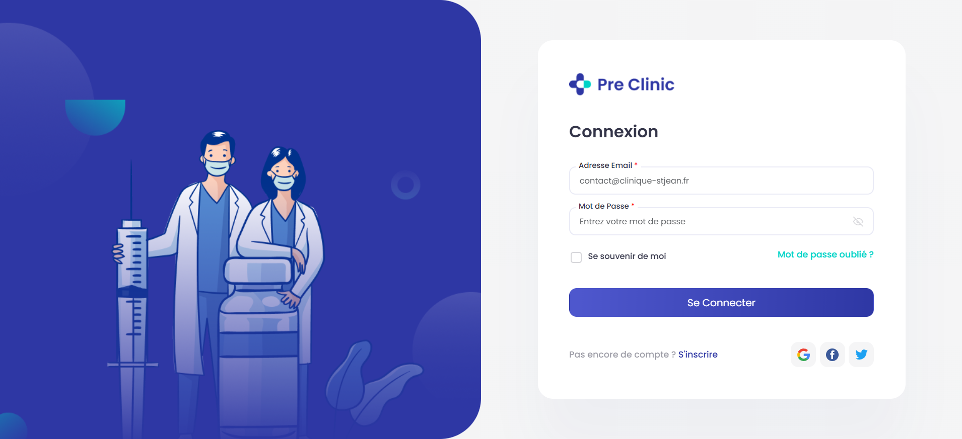 Page de Connexion — Authentification sécurisée Pre Clinic
