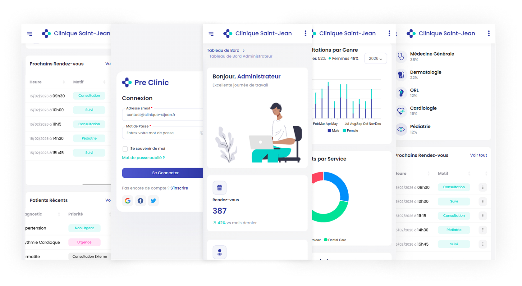 Vues Mobile — Rendez-vous, connexion, dashboard et spécialités sur smartphone