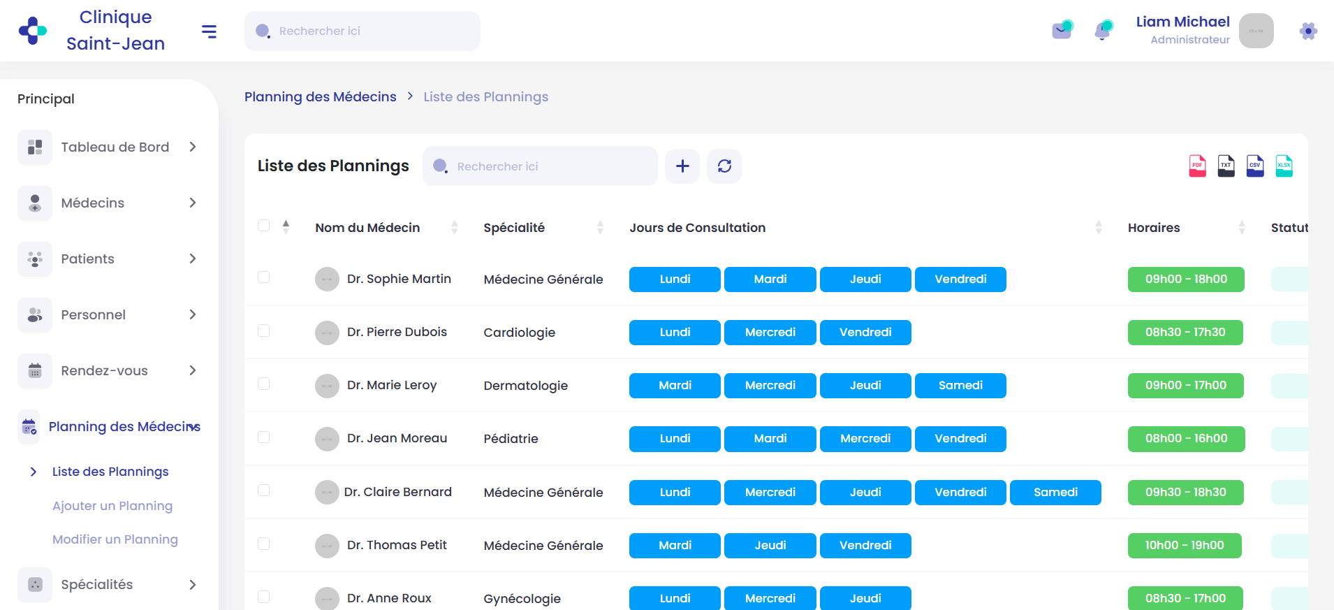 Planning des Médecins — Jours de consultation, horaires et statuts