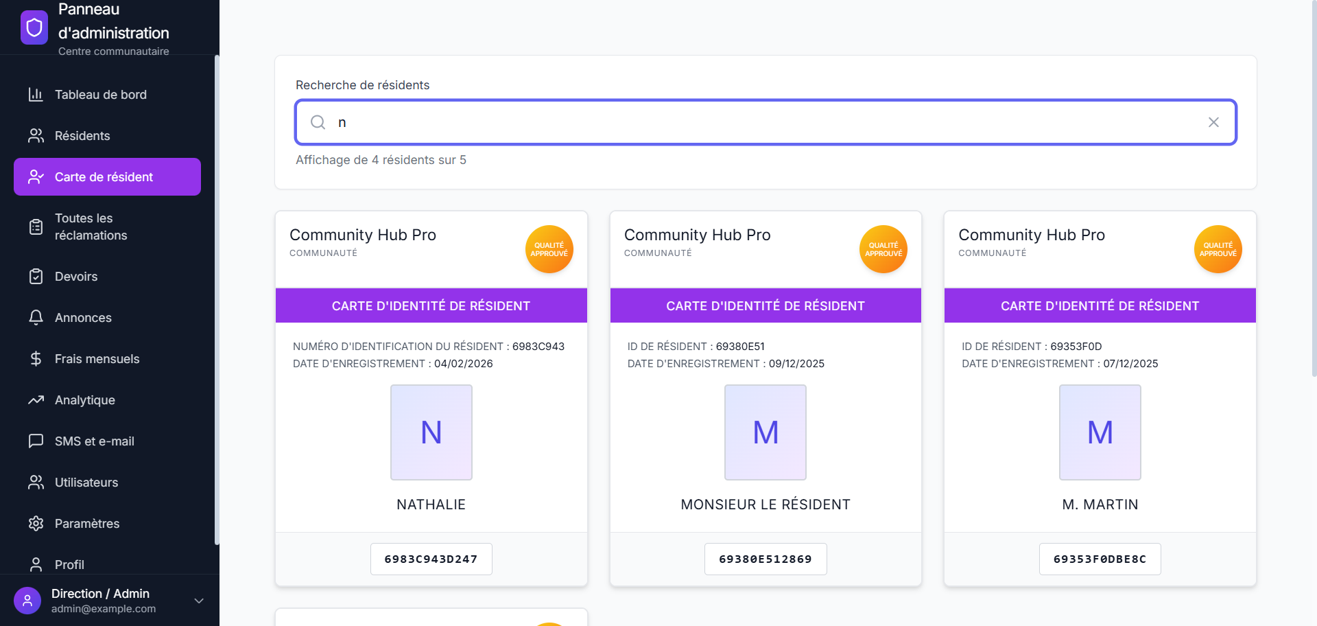 Cartes de Résident — Identifiants Community Hub Pro avec badges qualité