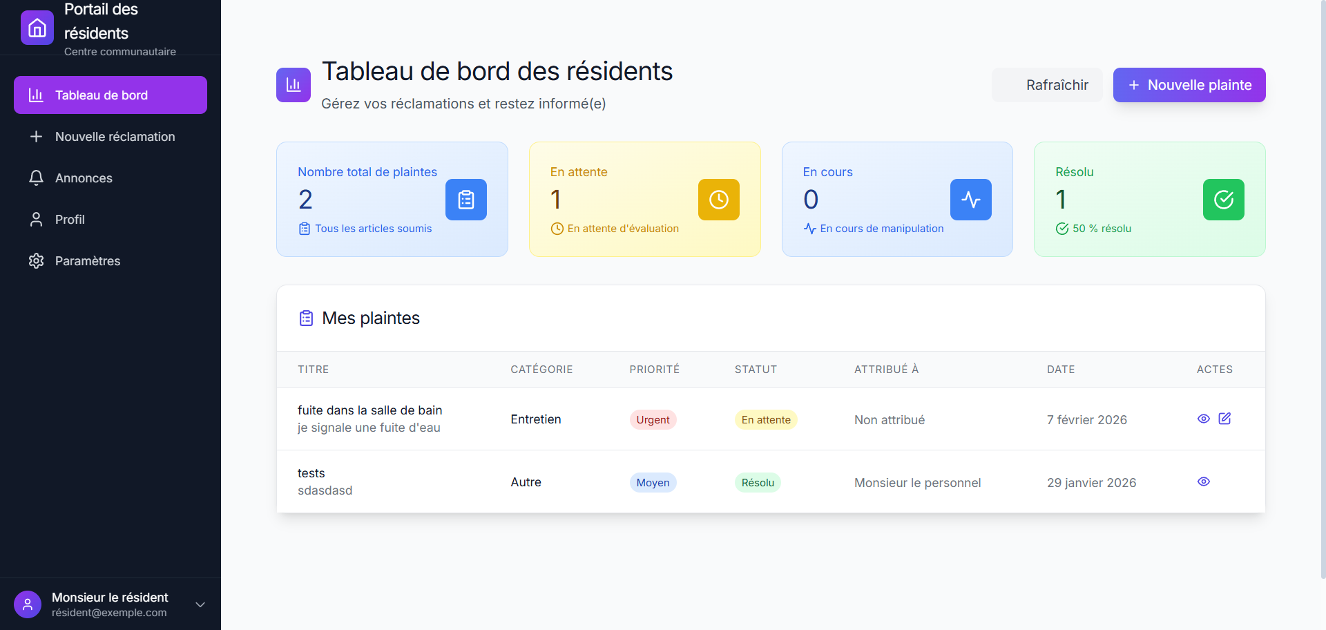 Tableau de bord Résidents — Suivi des réclamations avec statuts et priorités