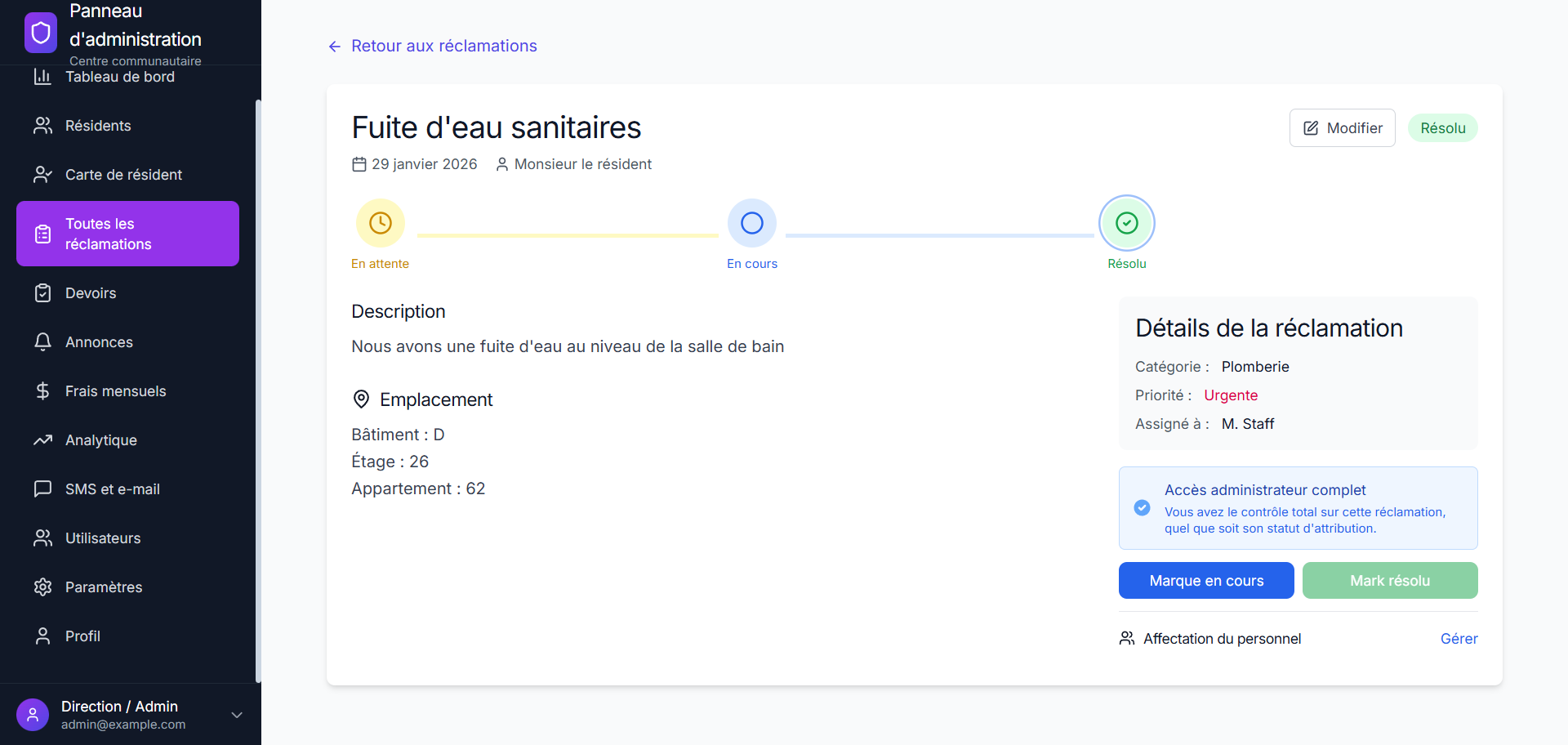Détail Réclamation — Suivi fuite sanitaire avec statut, priorité et affectation
