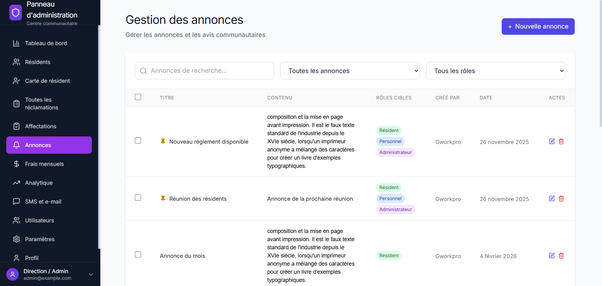 Gestion des Annonces — Tableau d’affichage communautaire par rôles