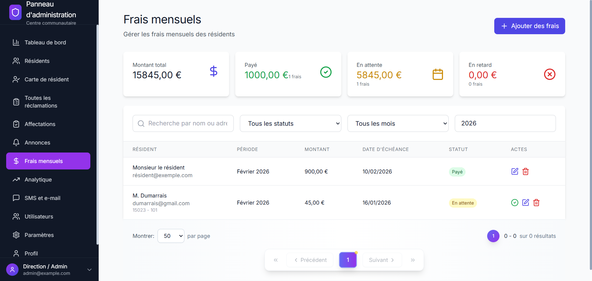 Frais Mensuels — Facturation résidents avec suivi paiements et relances