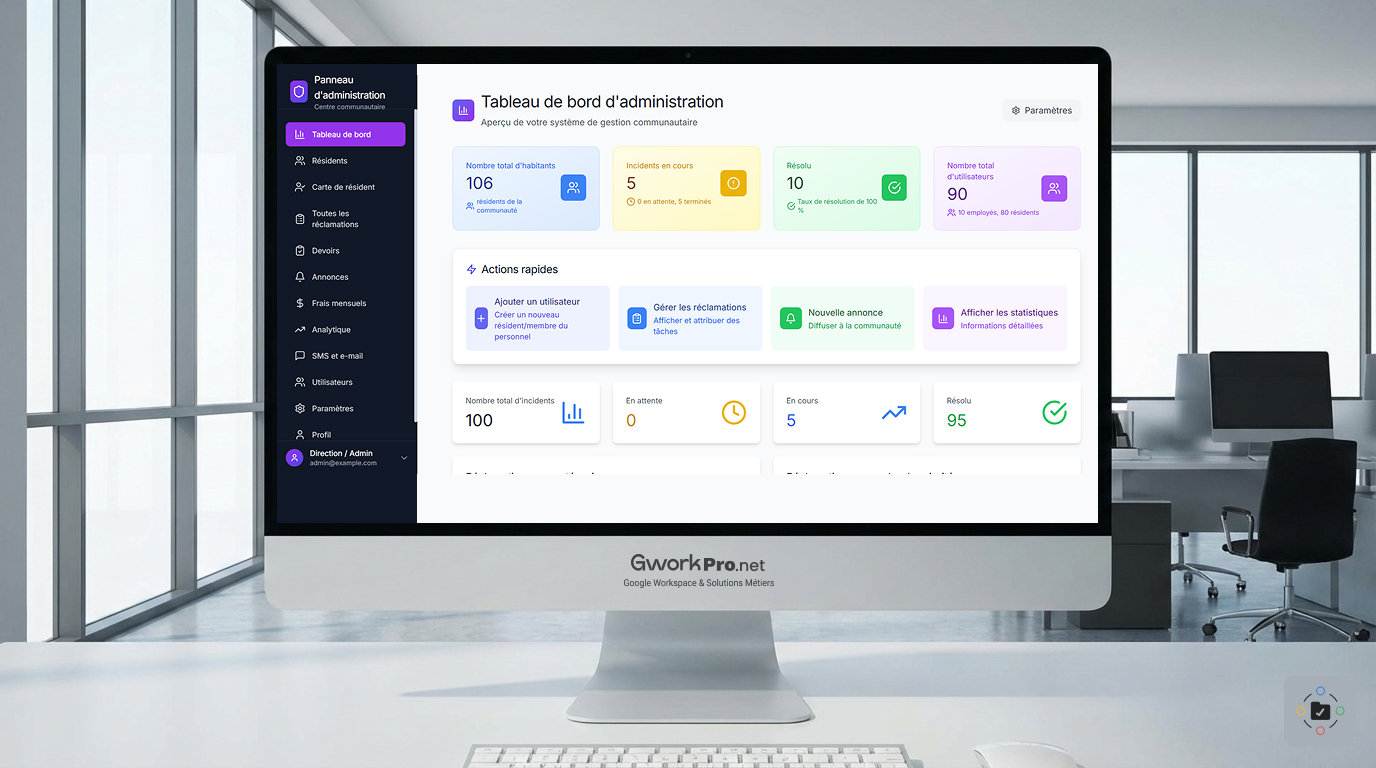 Maquette Desktop — Vue d’ensemble du tableau de bord sur écran