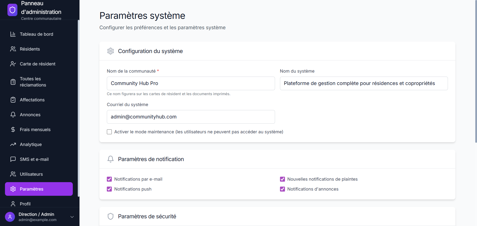 Paramètres Système — Configuration communauté, notifications et sécurité