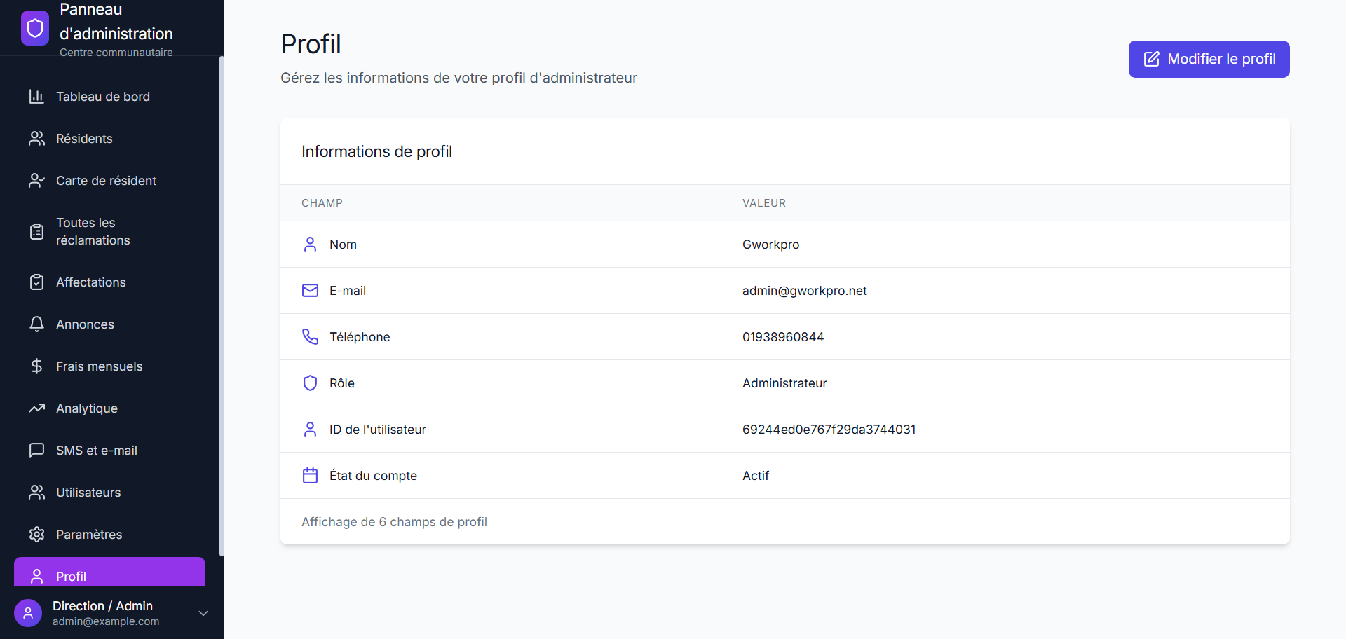 Profil Administrateur — Gestion des informations et rôles utilisateur
