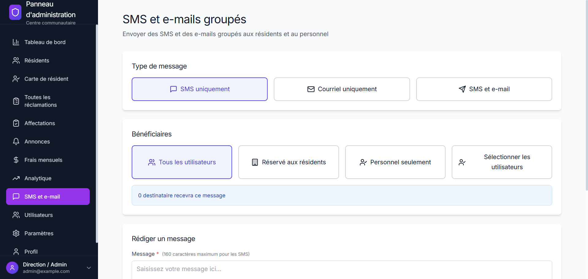 SMS et E-mails Groupés — Communication ciblée avec résidents et personnel