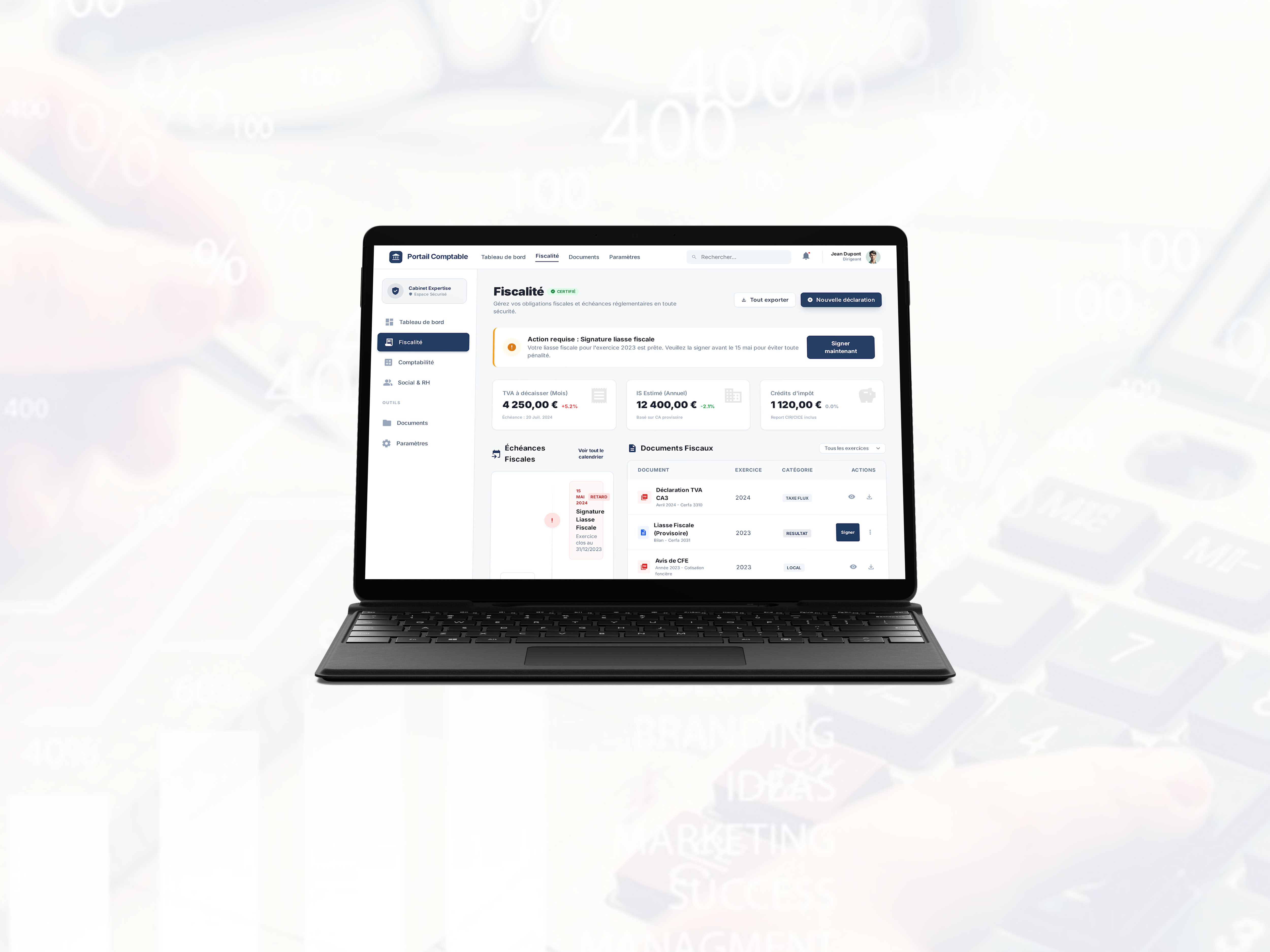 Vue Desktop — Module fiscalité du Portail Comptable sur laptop