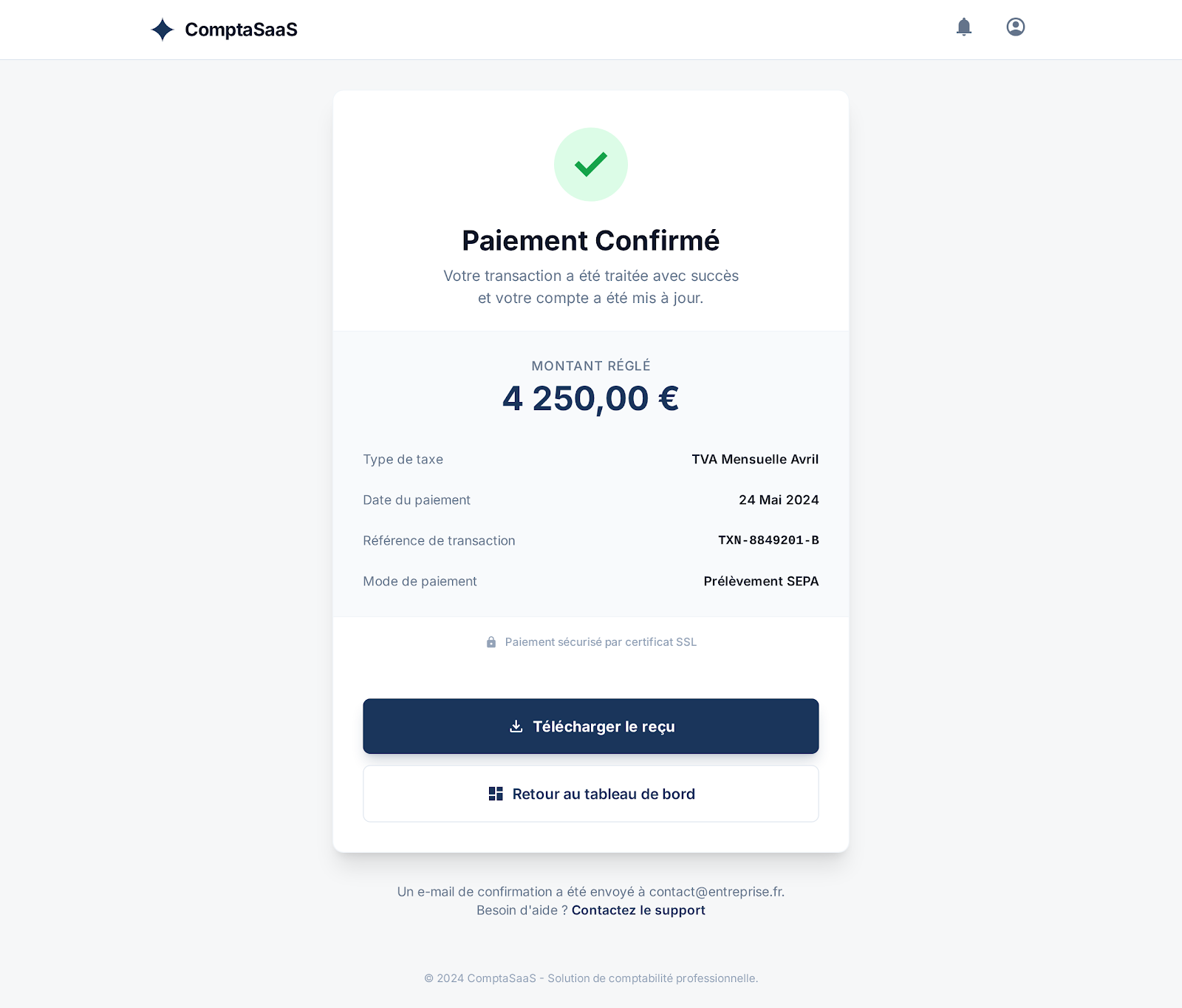Paiement Confirmé — TVA Mensuelle 4 250€ réglée par prélèvement SEPA, certificat SSL