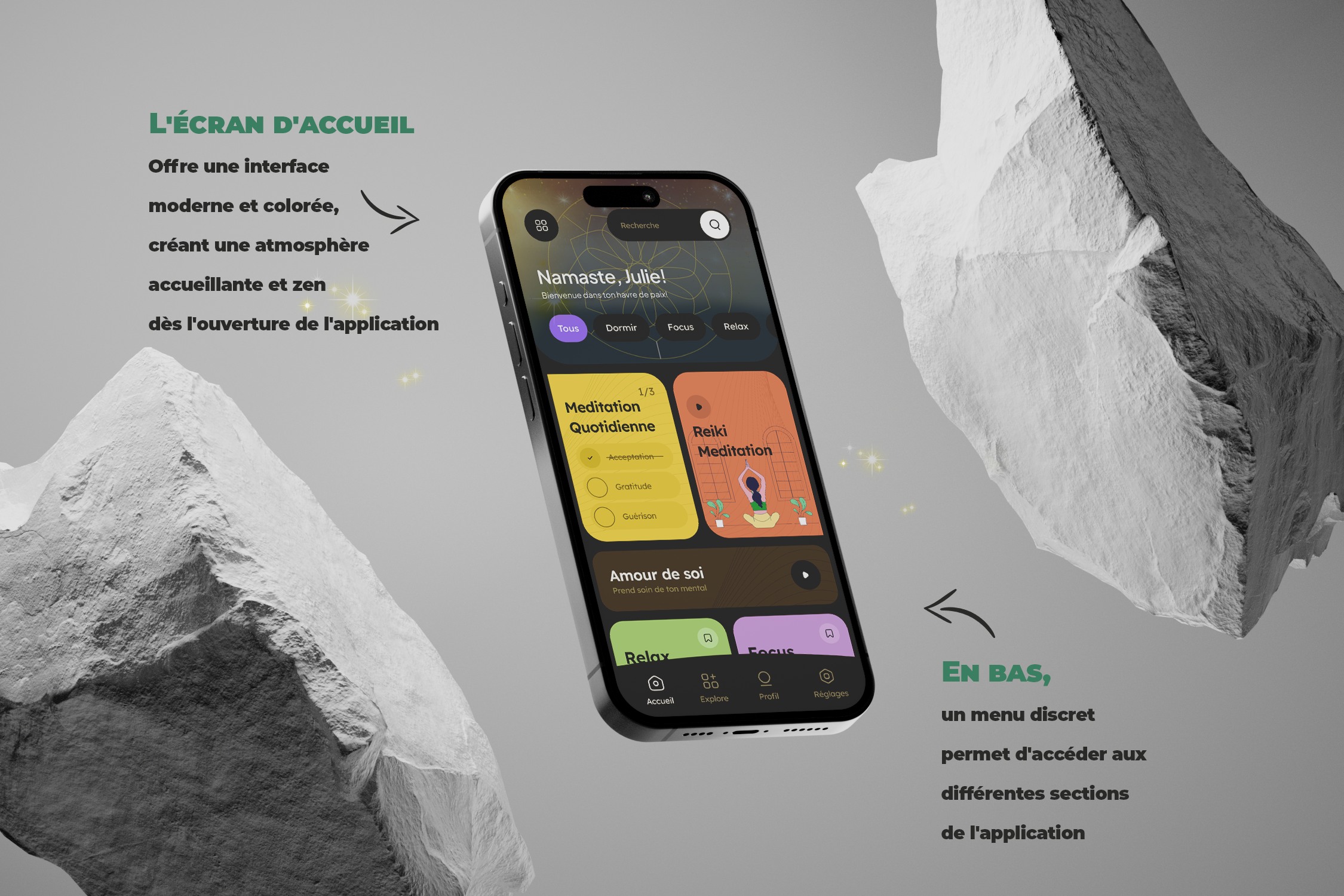 Écran d’Accueil — Interface zen et colorée