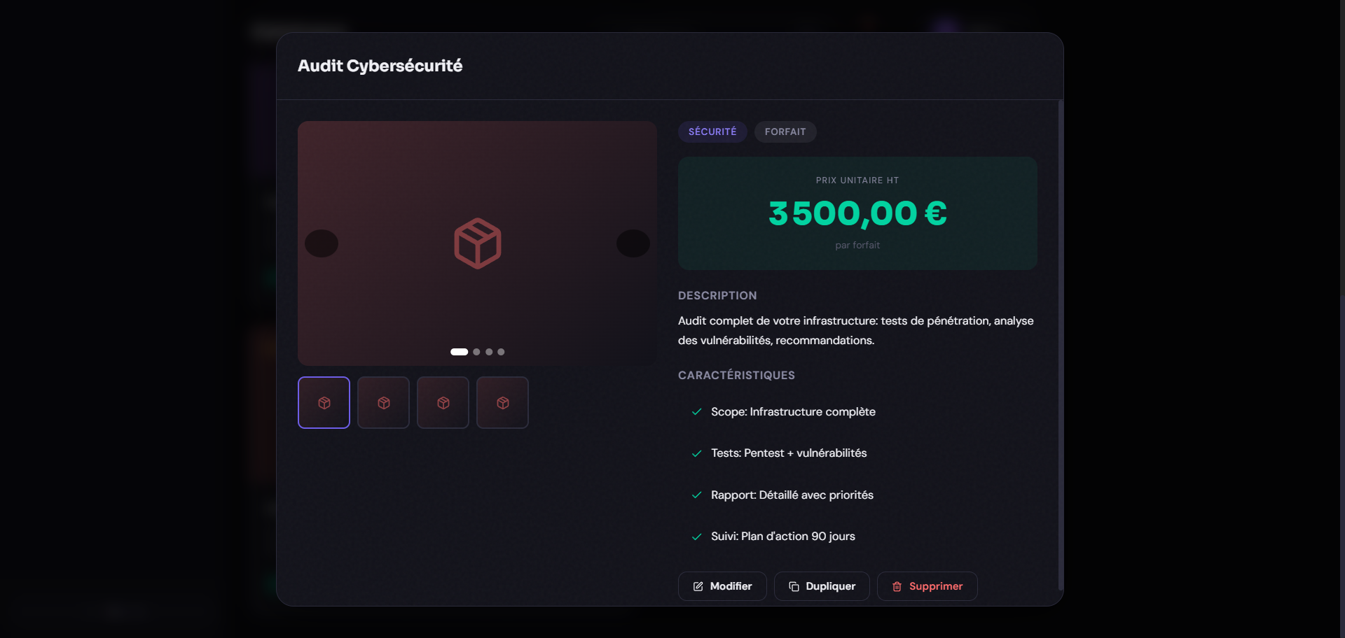 Catalogue produits avec fiche article détaillée et caractéristiques