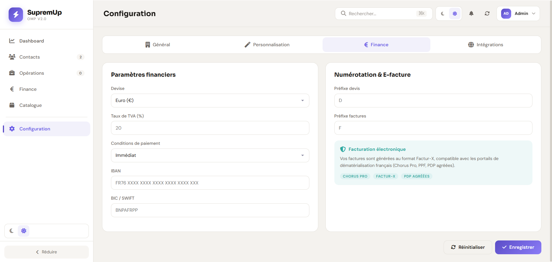 Configuration Finance mode clair avec facturation électronique