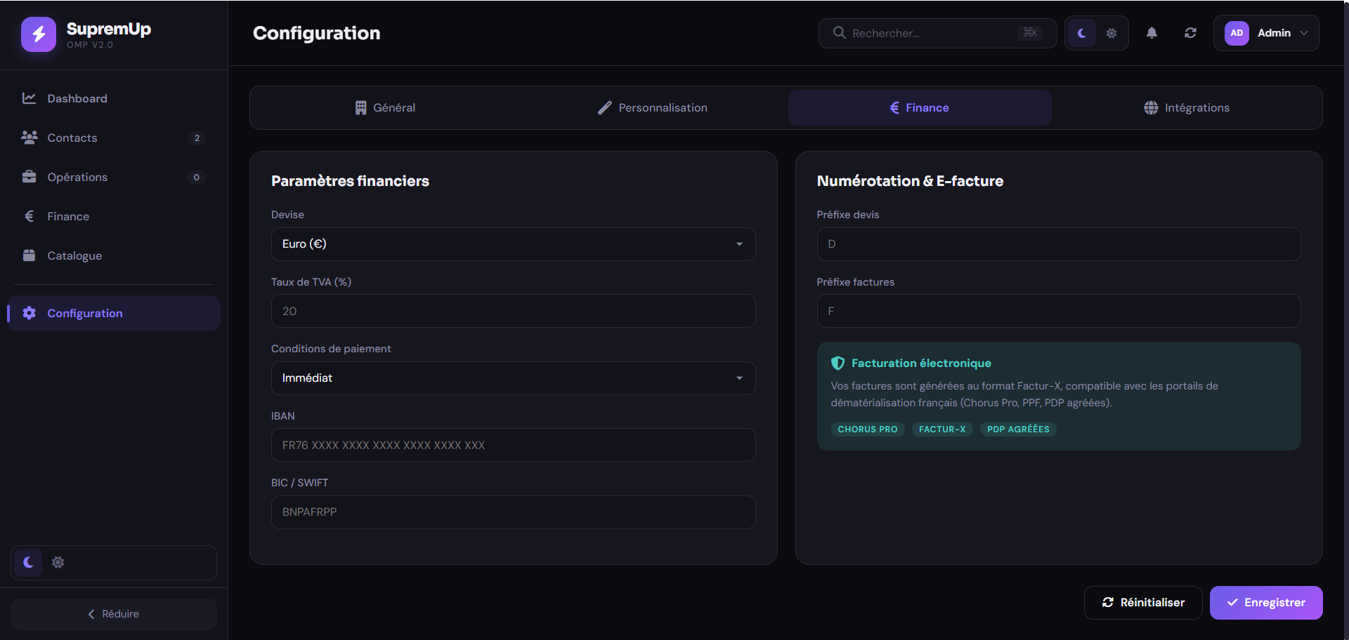 Configuration Finance avec paramètres financiers et e-facture