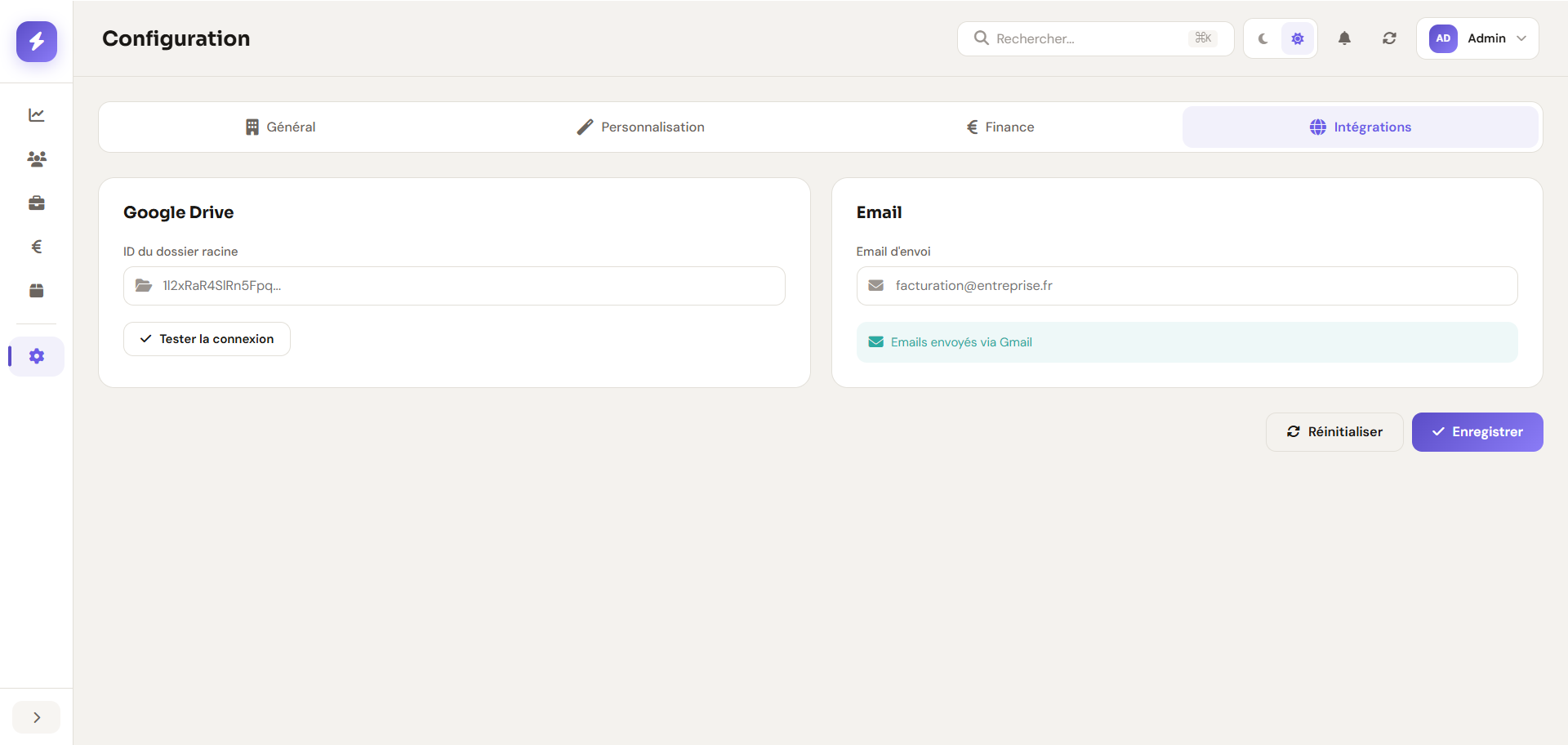 Configuration Intégrations Google Drive et Email