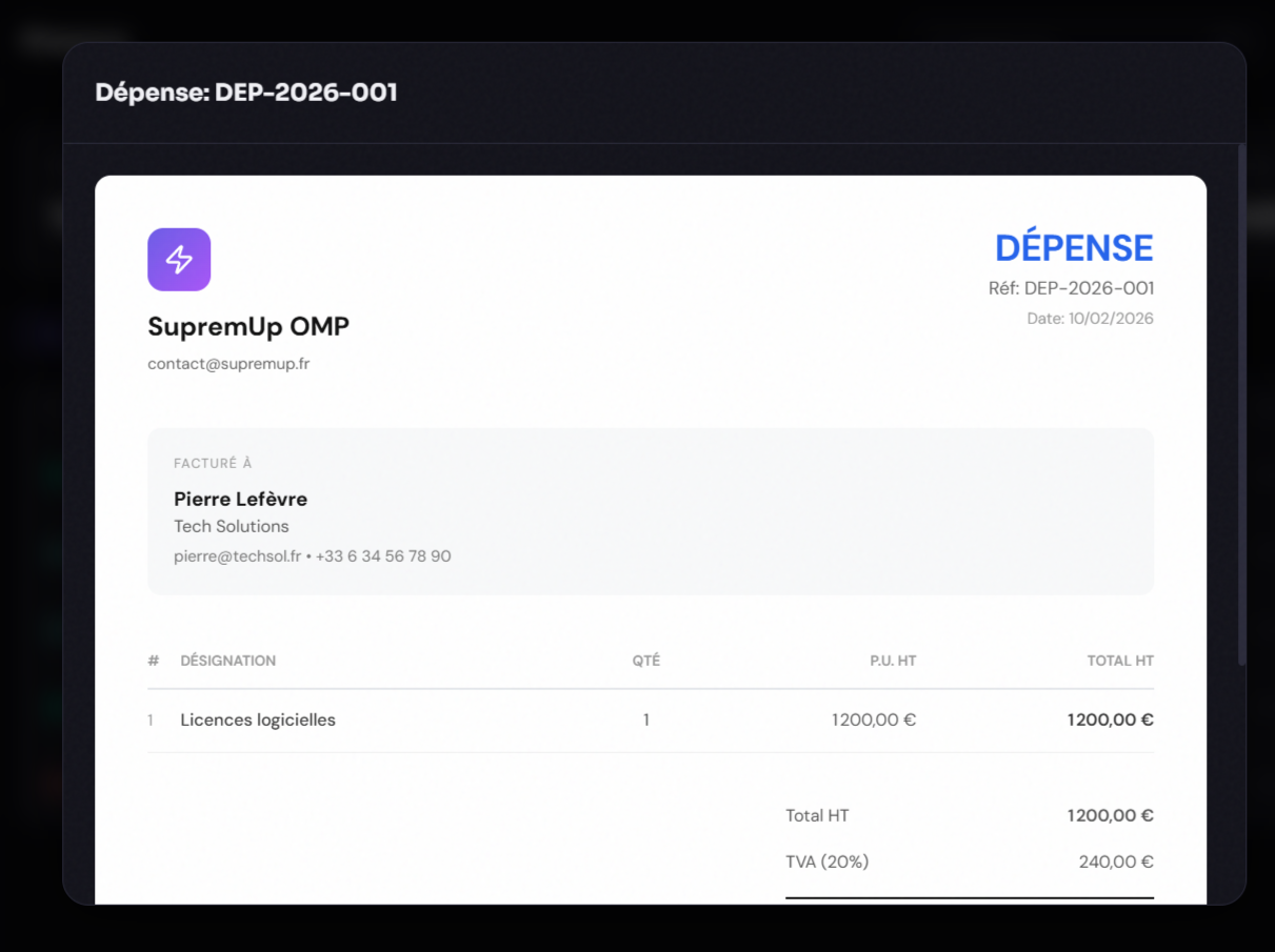 Aperçu document dépense avec détails facturation