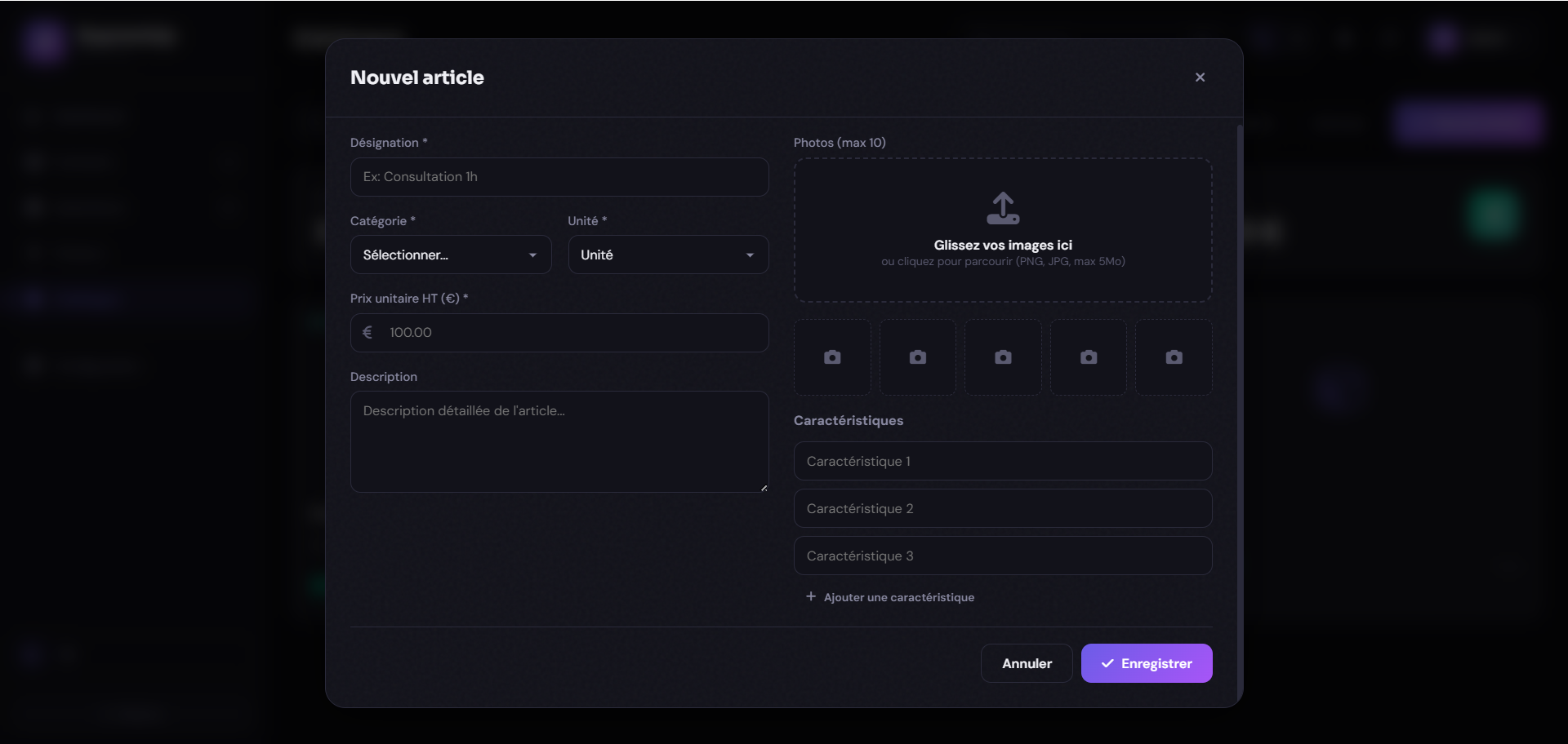 Formulaire nouvel article avec photos et caractéristiques