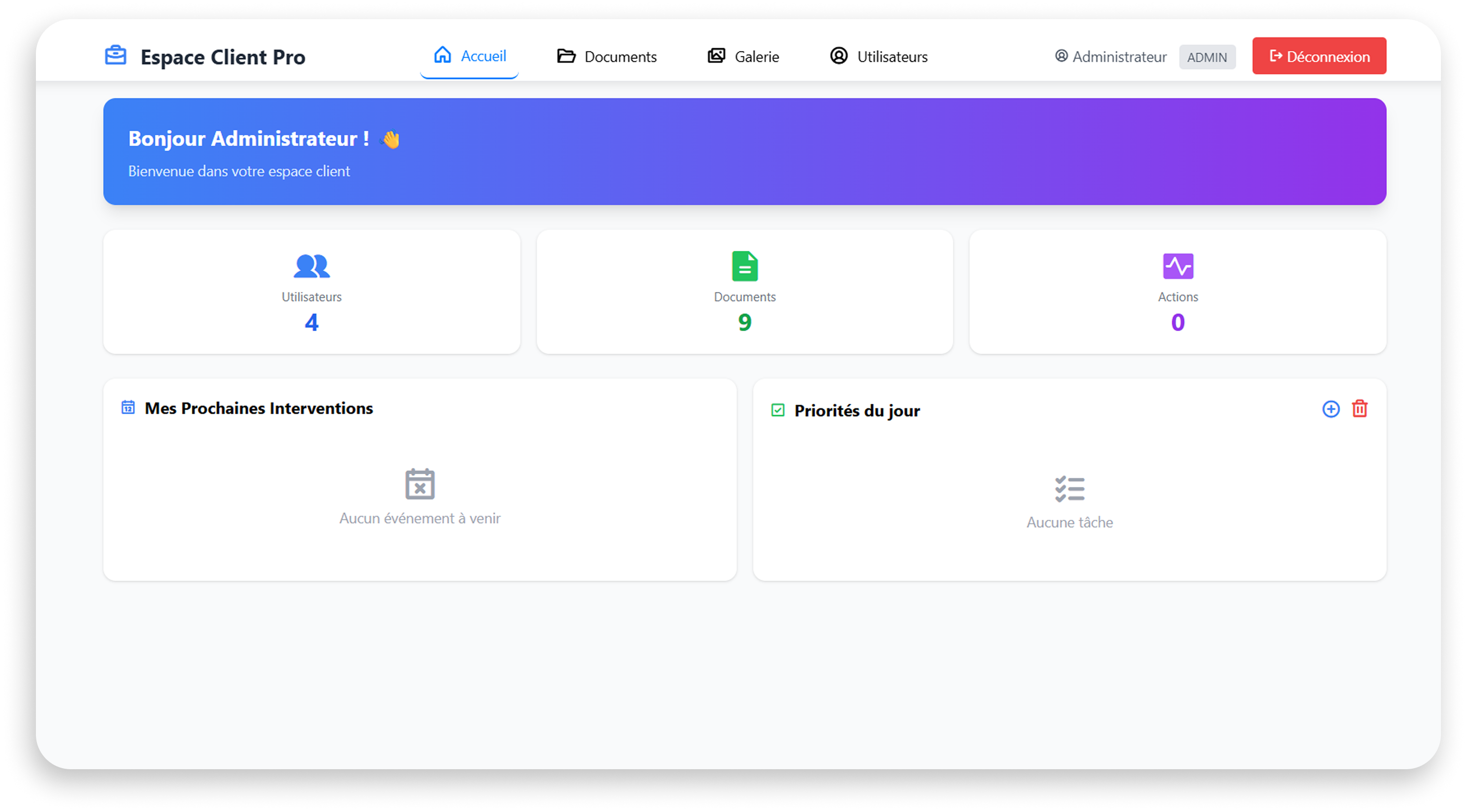 Dashboard Portail Client PRO avec statistiques utilisateurs, documents et interventions