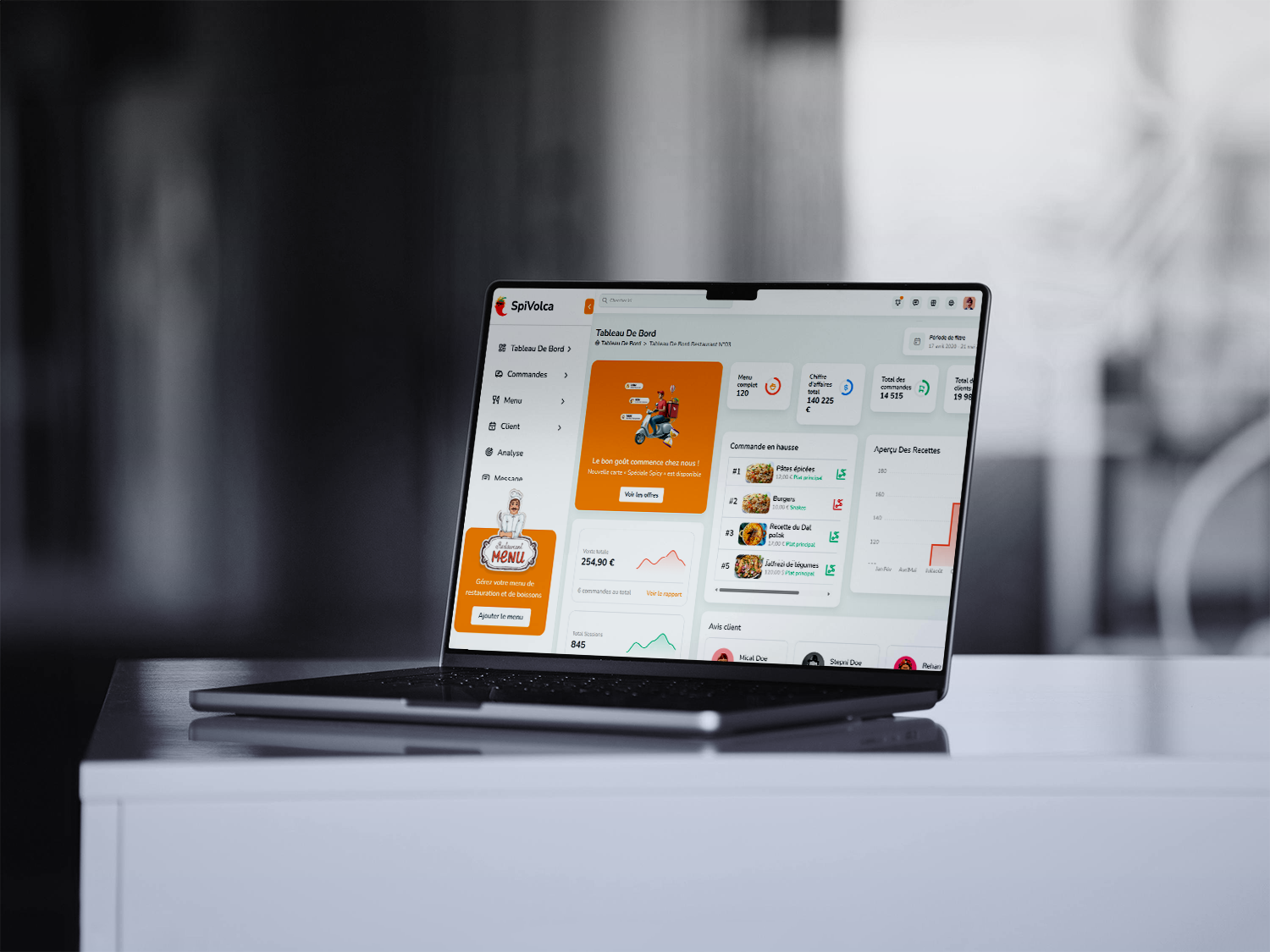 SpiVolca - Dashboard restauration avec commandes, menu et analyse des ventes