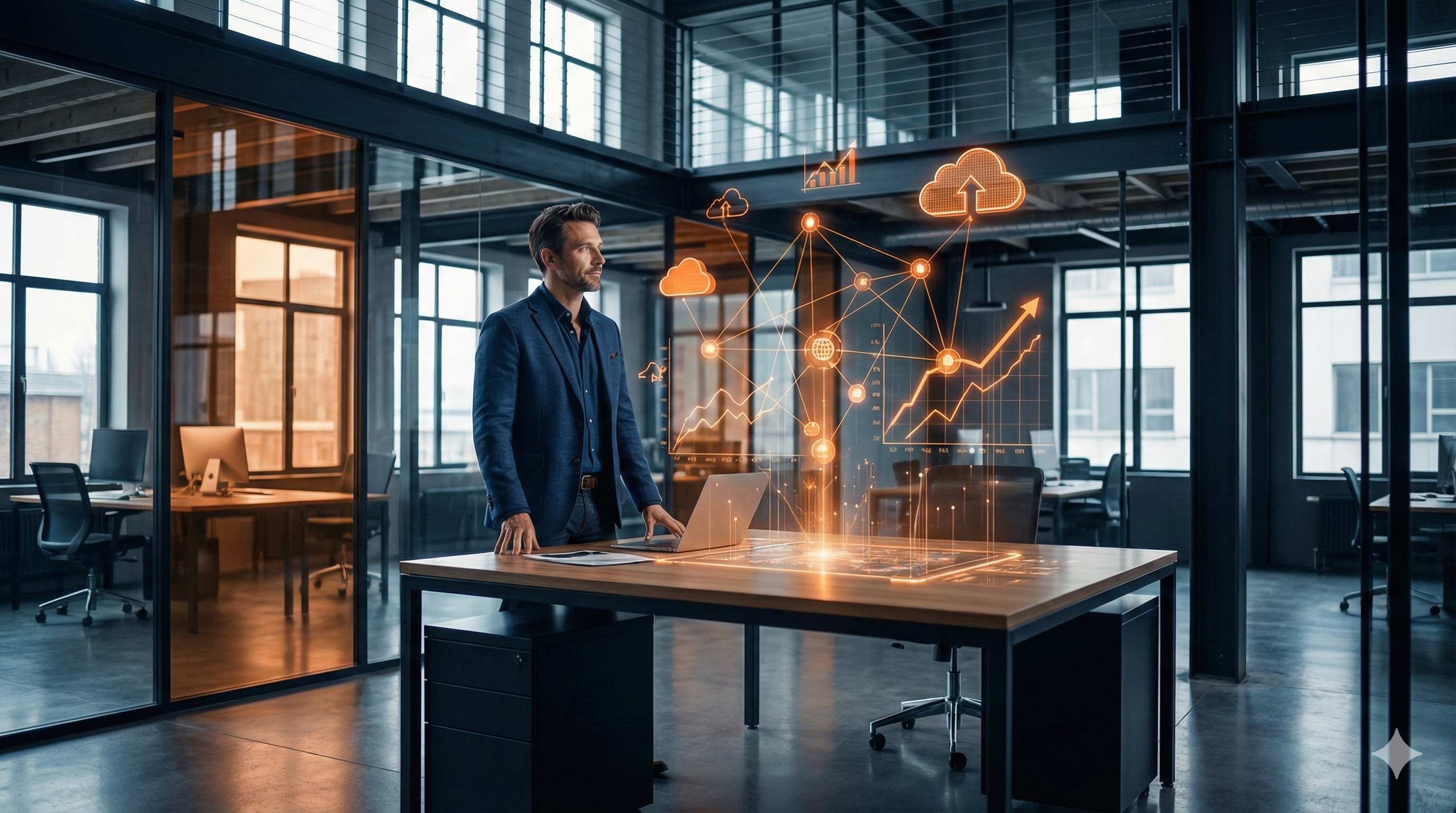 Professionnel analysant des données cloud avec visualisations holographiques