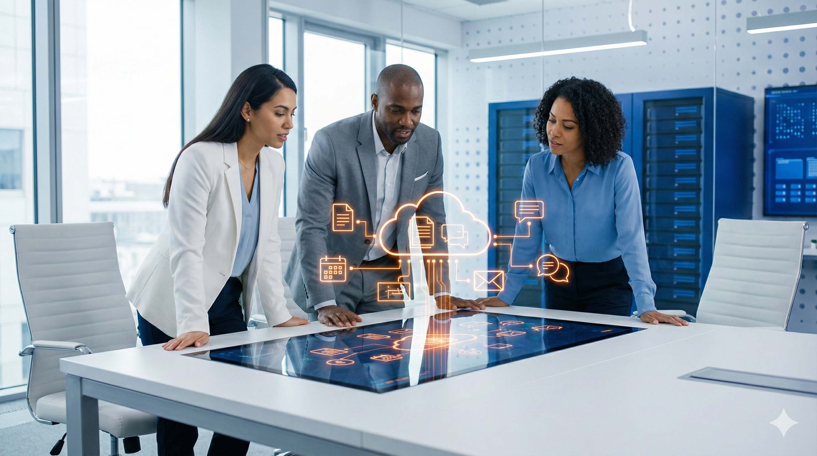 Équipe collaborant autour d’une table interactive avec outils cloud