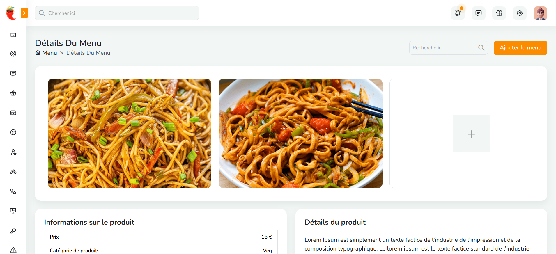 Détails du Menu — Photos plat, galerie et informations produit