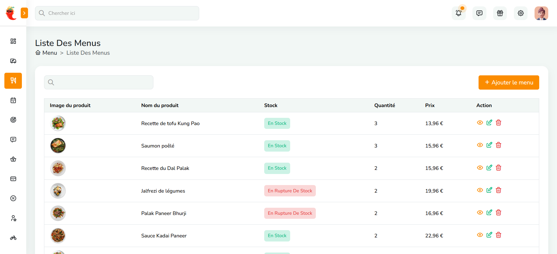 Liste des Menus — Gestion produits avec stock, quantités, prix et actions