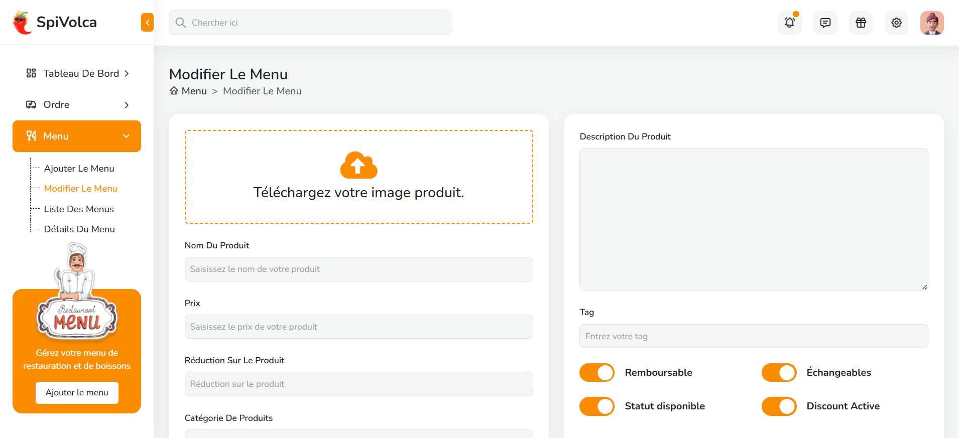 Modifier le Menu — Éditeur produit avec image, prix, réductions et options