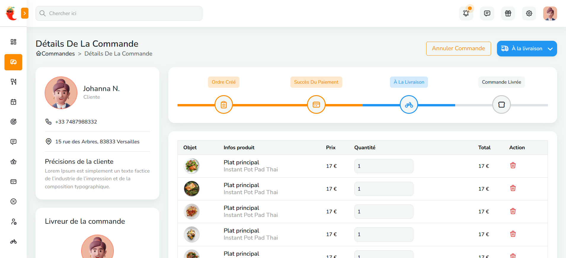 Détails de la Commande — Timeline livraison, infos client, produits et suivi statut