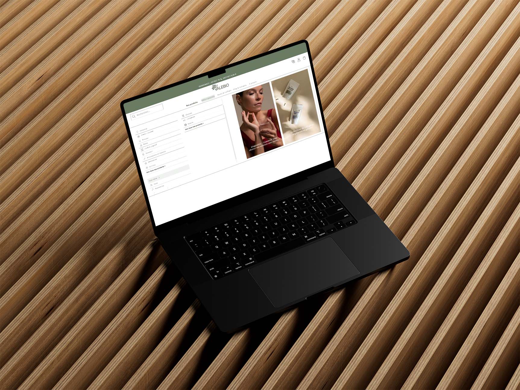 Vue Desktop — MacBook mockup de la boutique Valebio