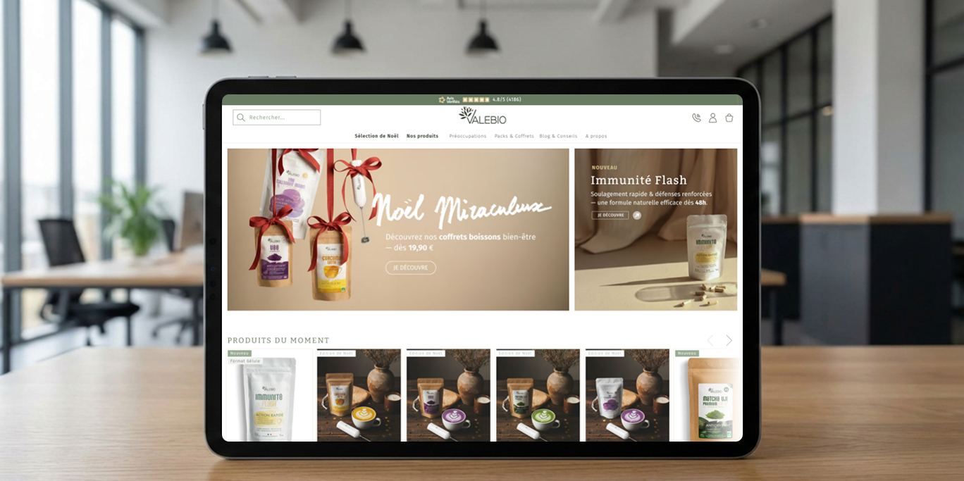 Vue Tablette — Homepage avec bannière promotionnelle et produits du moment