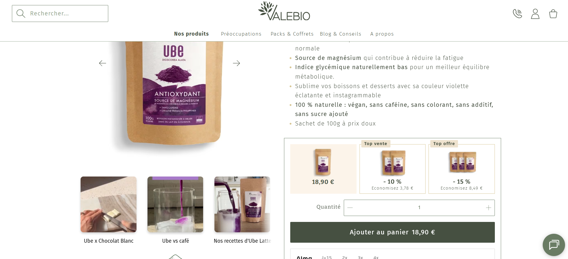 Fiche Produit — Poudre Ube antioxydant avec galerie, prix dégressifs et ajout panier