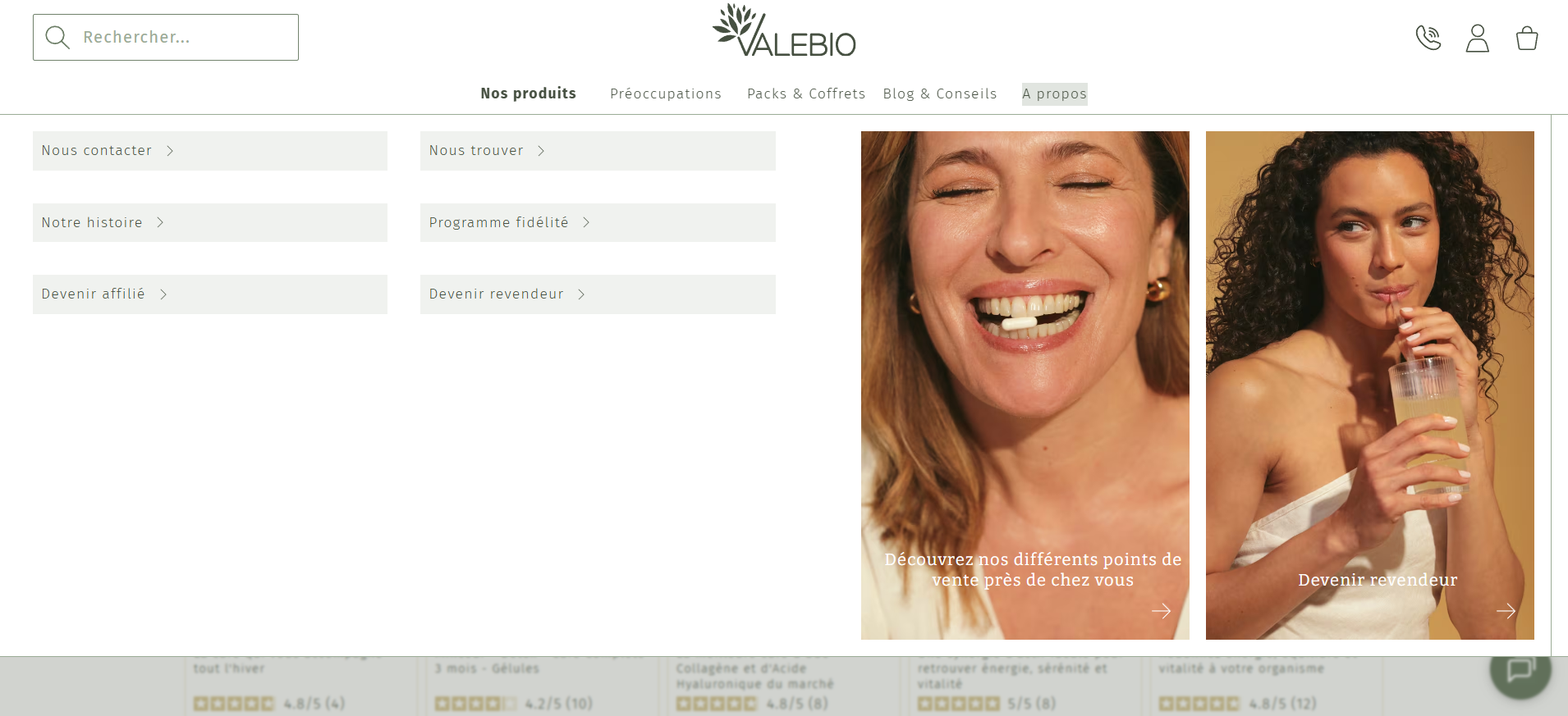 Menu À Propos — Notre histoire, programme fidélité, affiliés et revendeurs