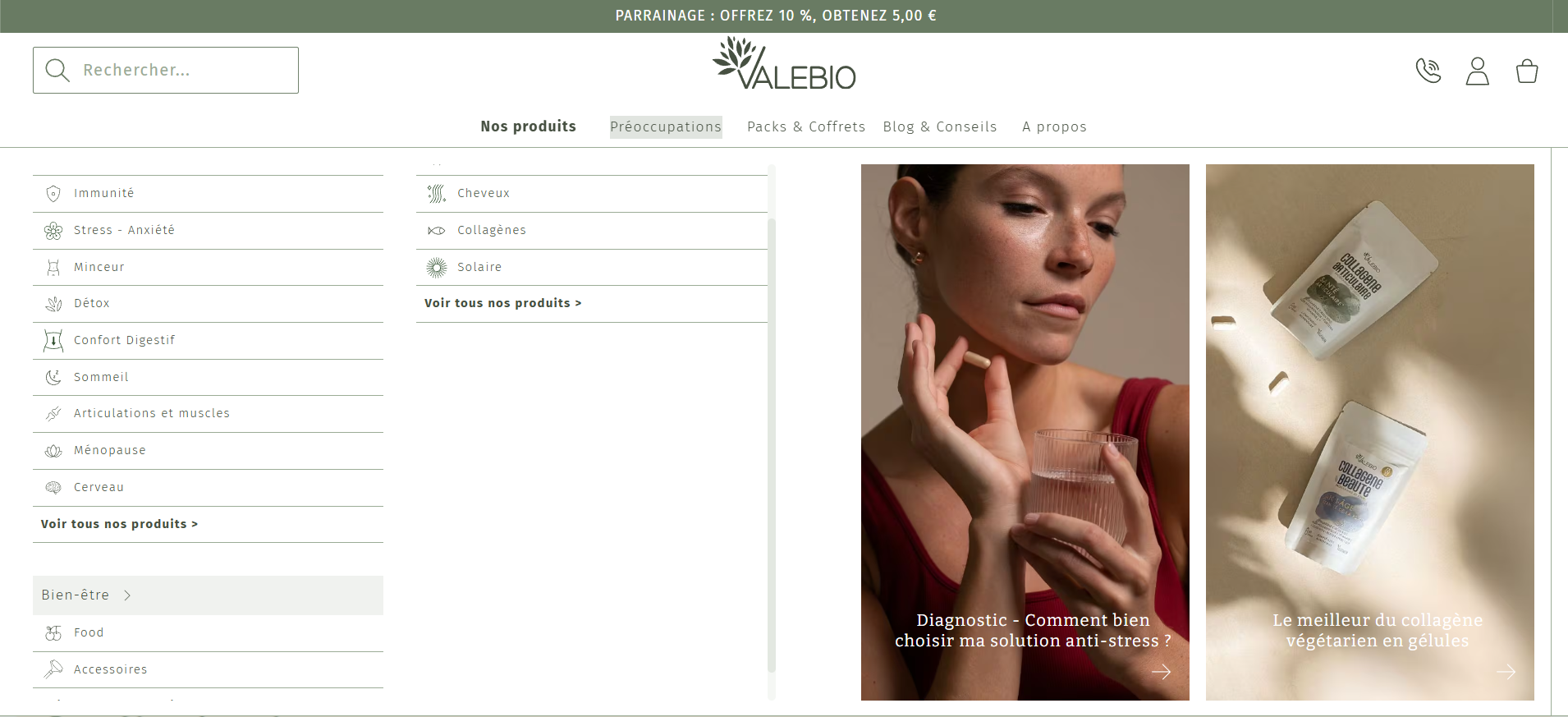 Méga-Menu Préoccupations — Navigation par besoin santé avec visuels lifestyle