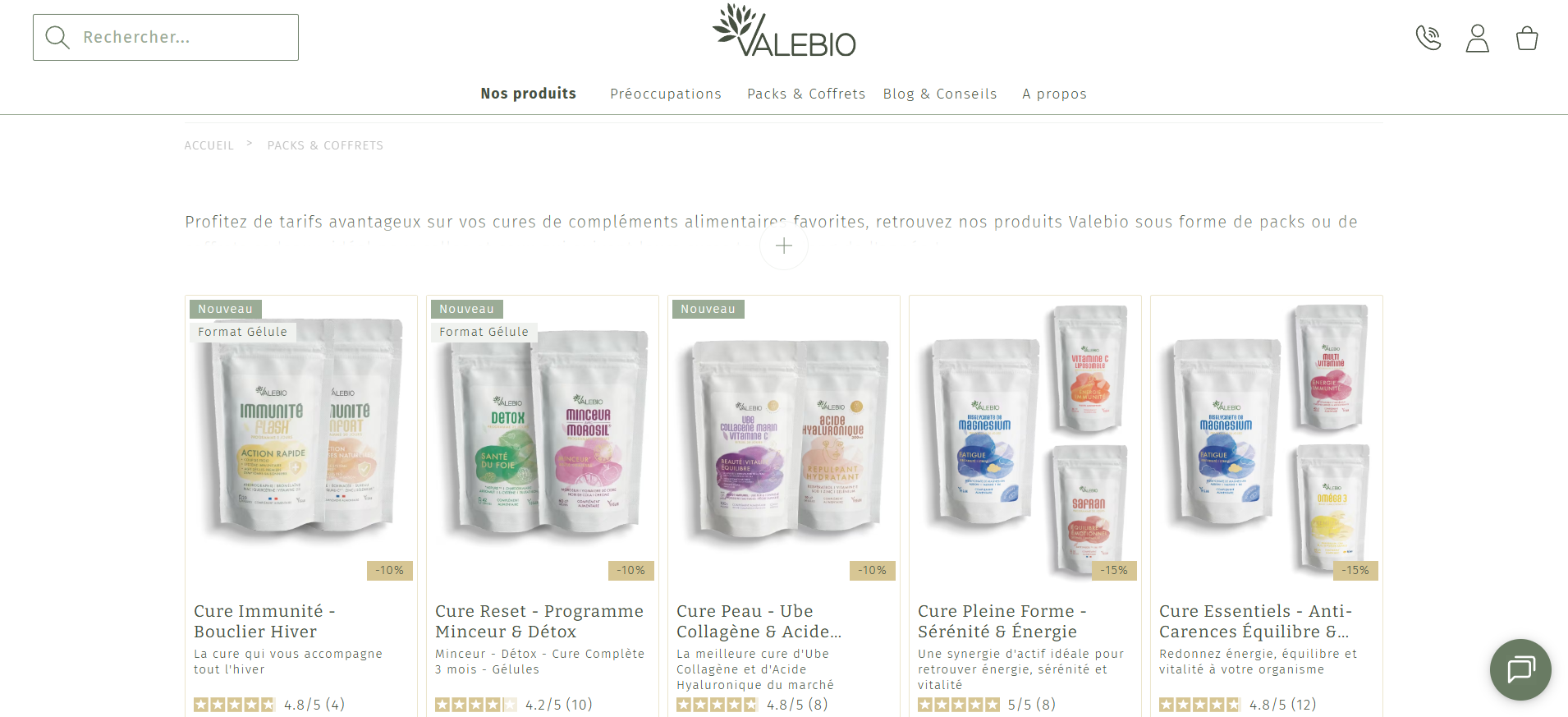 Packs & Coffrets — Cures combinées avec remises progressives et notes clients